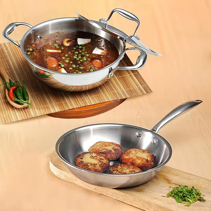 Vinod Platinum Triply Stainless Steel Cookware Combo Set of 2 | 1.5 Litre Kadai (20cm) 20 cm Frypan | Extra Deep Kadai with Lid for Cooking | Induction Cookware