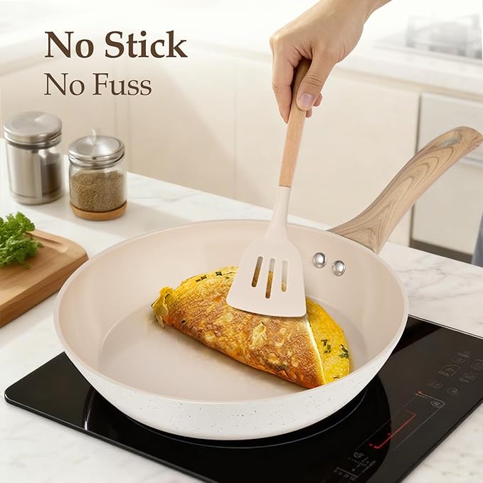 Pots and Pans Set Non Stick Non-Toxic Ceramic Cookware Set 11pcs Induction Cookware Kitchen Cooking Set with Frying Pans Saucepan Stock Pot PFOA Free &amp PFOS Free Cream Color