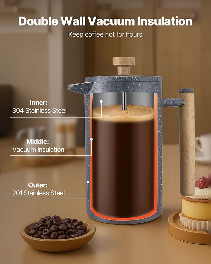 34 oz Stainless Steel French Press Coffee Maker Double Wall Insulated for Hot &amp Cold Brew with Precision Filter for Grounds-Free Coffee and Tea Dishwasher Safe
