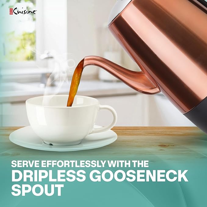 Euro Cuisine PER08 Stainless Steel Electric Coffee Percolator 8 Cup Polished Copper Finish Dripless Gooseneck Spout Clear Glass Knob Brewing Indication Keep-Warm Function Detachable Cord