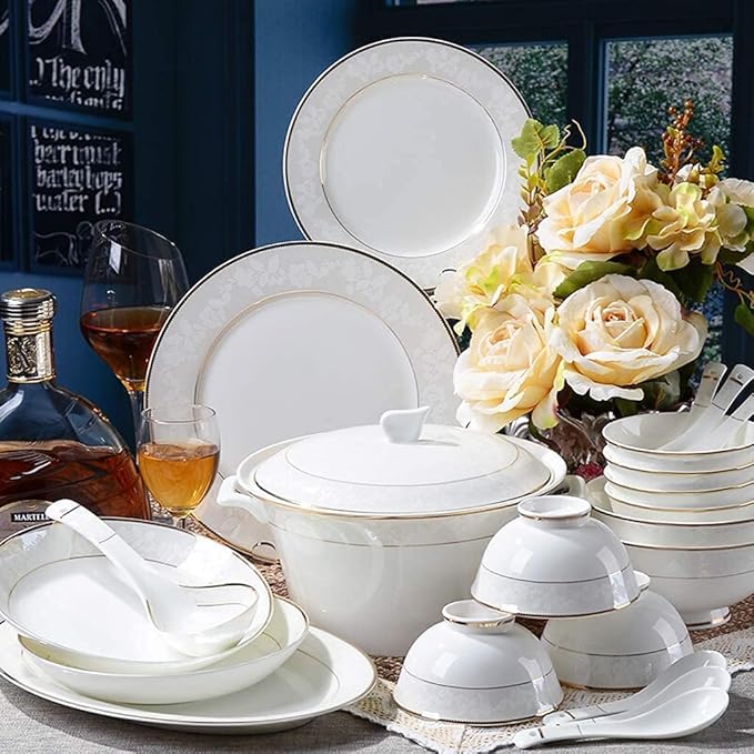 Dinnerware Set Dinner Party Tableware Service Set Ceramics Dinnerware Set with 52-Piece Bowl/Soup Pot/Dish/Spoon|Bone China Dinner Sets Embossed Pattern Porcelain Combination Set