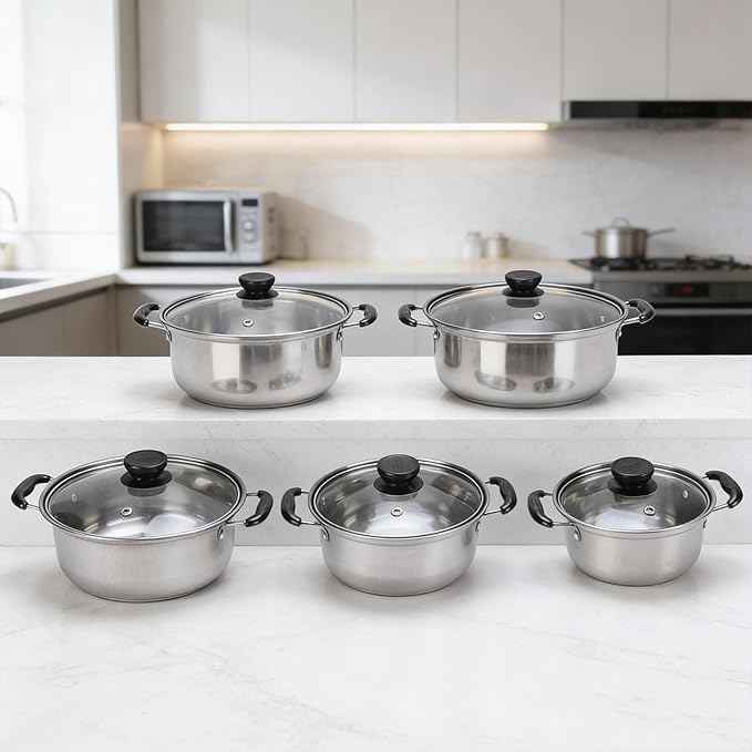 Pssopp 5PCS Stainless Steel Milk Pot Heat Proof Handle Versatile Size Options Kitchen Sauce Cookware Set with Glass Lids for Induction Cooktop