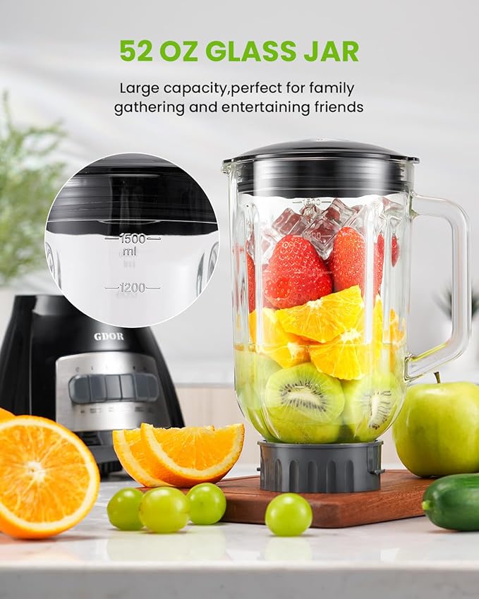 GDOR Blender 52 Oz Glass Jar Multi-Function Kitchen Blender &amp Grinder Combo 9 Functions with Shakes Puree Crush Ice and Chop Max 700W Self Cleaning