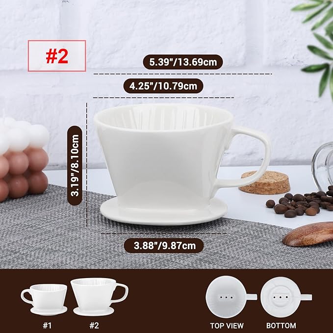 Segarty Pour Over Coffee Maker White Ceramic Coffee Dripper and Black Silicone Dripper Cup Dripping Brewer with 3 Holes Flat Bottom Coffee Filter Holder for Travel Camping Office Home