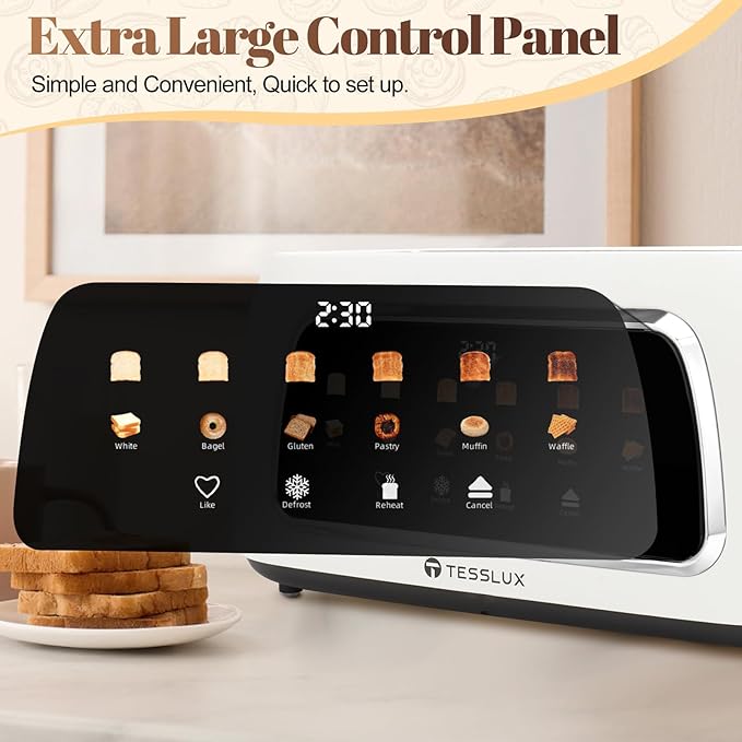 4 Slice Toaster with Touch Screen Control 1.5 Wide Long Slots 6 Browning Levels &amp 6 Bread Types Digital Timer Memory Defrost Reheat (WHITE)