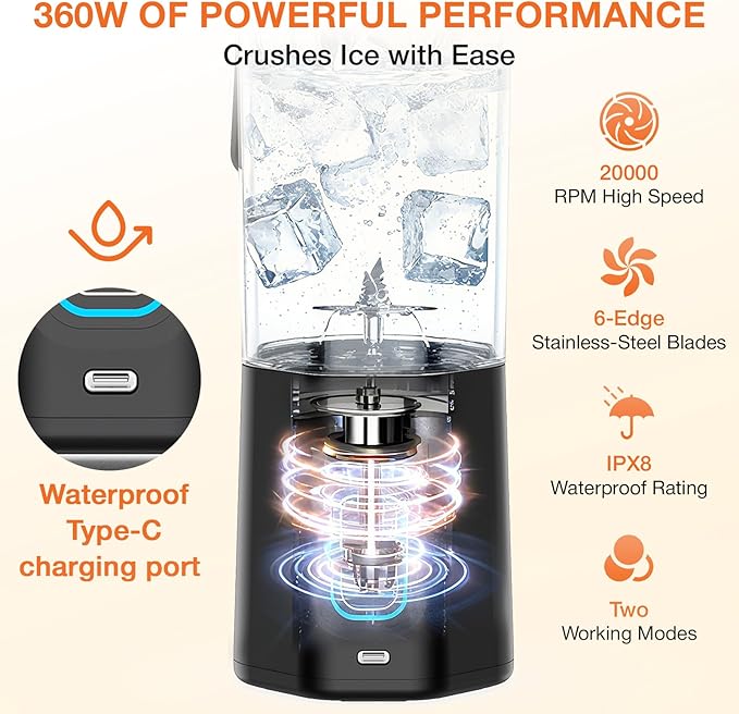 GVODE Personal Blender Portable Blender for-Smoothies Shakes Food Prep and Frozen Blending 24oz Large Capacity BPA Free Leakproof-Lid and Sip Spout USB-C Rechargeable IPX8 Waterproof