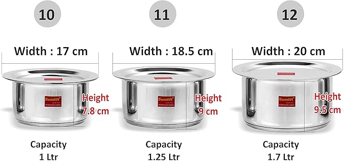Sumeet Stainless Steel Cookware Set With Lid 1 Liter To 1.7 L 3 Piece (Steel)