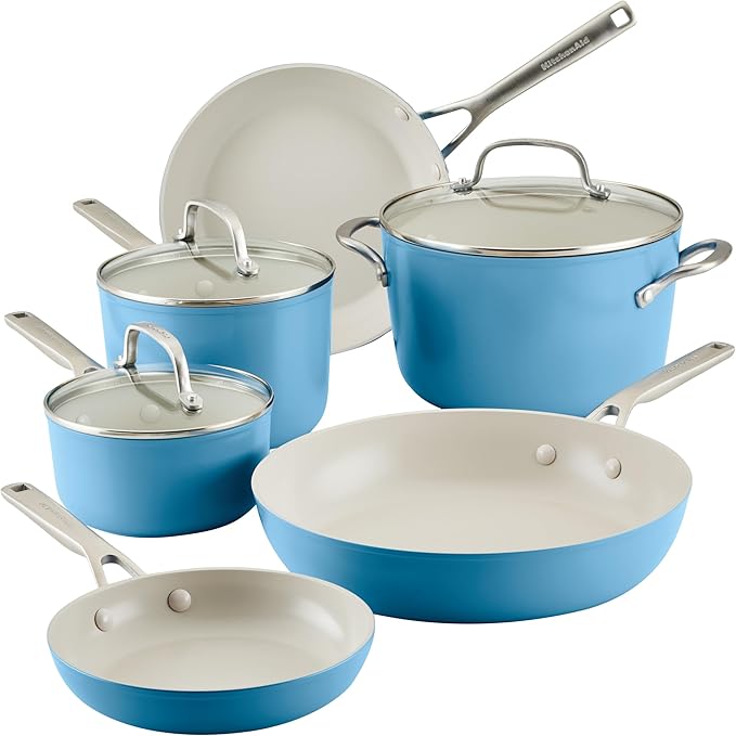 KitchenAid Hard Anodized Ceramic Nonstick Cookware Pots and Pans Set 9 Piece - Blue Velvet