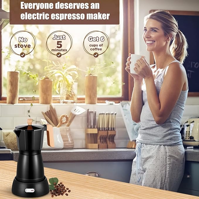SHANGSKY Coffee Pot Electric Coffe Maker 6 Cup Espresso Coffee Maker Cafeteras Electricas Italian Coffee Pot Espresso Makers Portable Aluminum Electric Mocha Pots (Wooden HandleUS 3-pin Plug)