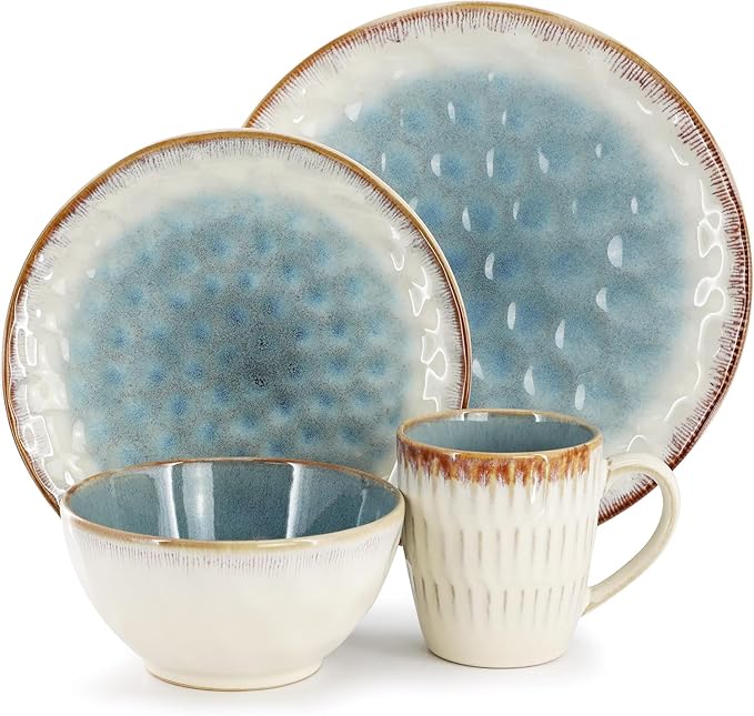 16 Piece Stoneware Dinnerware Set Blue and Beige Plates and Bowls Microwave &amp Dishwasher Safe Dinner Set for 4 (Blue &amp Beige)