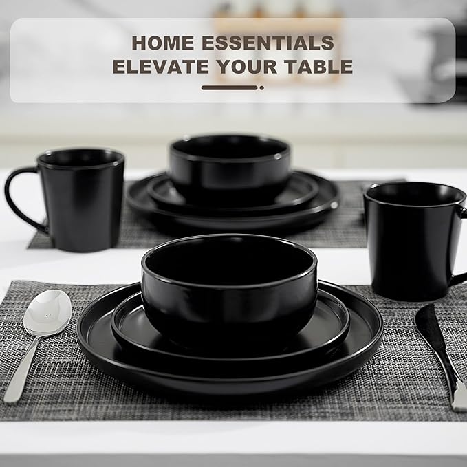 EWFEN Plates and Bowls Sets 32 Pieces Ceramic Dinnerware Set for 8 Stoneware Dishware Dishes Set Scratch Resistant Dishes Set Dishwasher &amp Microwave Safe Black
