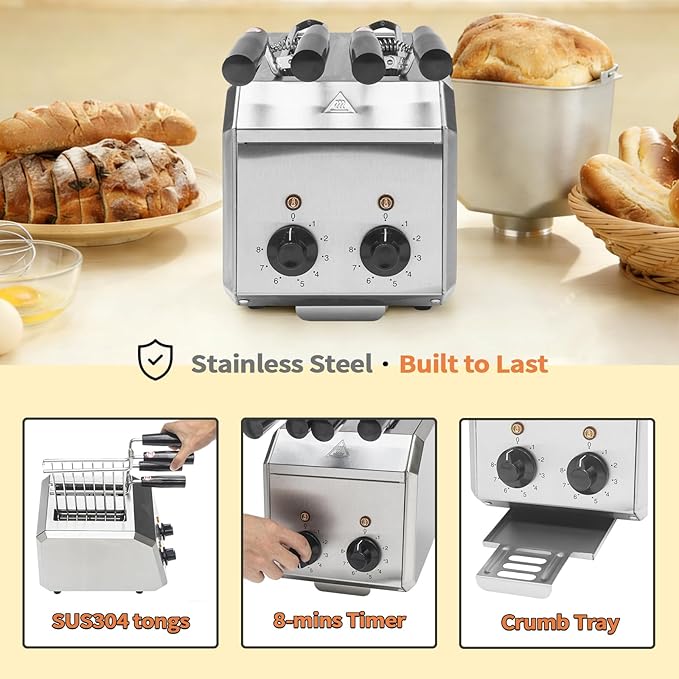 2 Slice ToasterStainless Steel Toaster with 2 Slice Wide Slot 600W per Slot for Energy Efficiency with SUS 304 Tongs 8 Minutes Timer Removable Crumb Tray For Home and Commercial Use