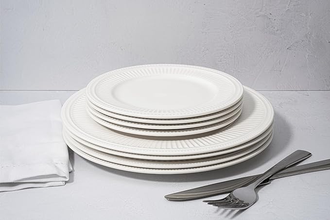 New Bone China 12 Piece Dinnerware Set Santorini Collection (Bloom) White Daily Use China Embossed Tableware Service for 4