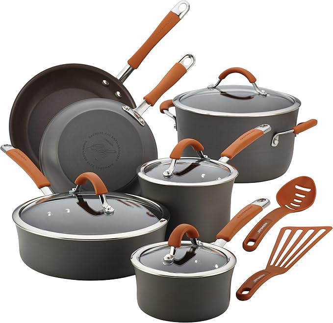 Rachael Ray Cucina Dishwasher Safe Hard Anodized Nonstick Cookware Pots and Pans Set 12 Piece Gray with Orange Handles