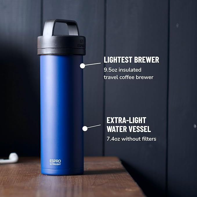 ESPRO P0 Ultralight French Press Coffee Maker for Travel Vacuum Insulated Stainless Steel 16 Ounces Blue