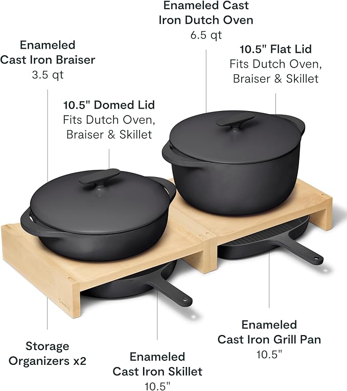 Caraway 8-Piece Enameled Cast Iron Set - 10.5” Skillet Grill Pan 3.5 qt Braiser Pan 6.5 qt Dutch Oven with Lid and Organizers - Non-Toxic 3-Layer Enamel Coating - No Seasoning Required - Charcoal