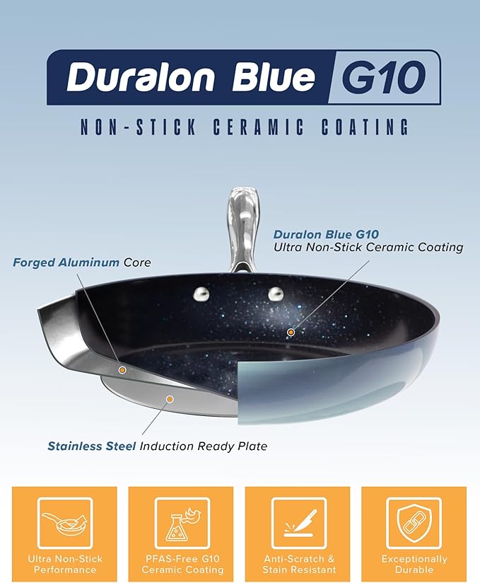 Nuwave Lux 13-Piece Premium Cookware Collection Healthy G10 Duralon Blue Ceramic Nonstick Ultra Durable PFAS-Free Lightweight &amp Works on All Cooktops