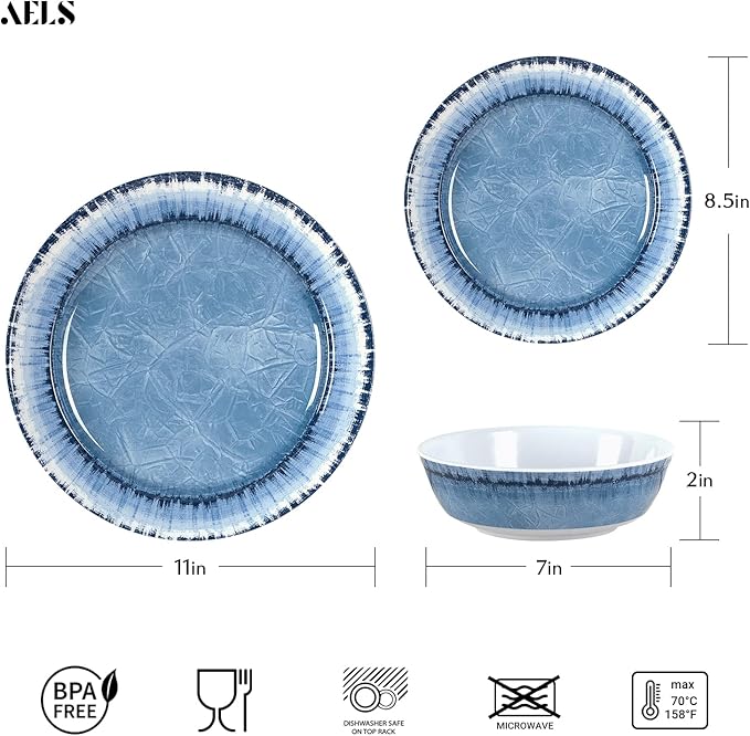 AELS Melamine Dinnerware Set of 18 Pcs Dinner Dishes Set for Indoor and Outdoor Use Dishwasher Safe Lightweight Unbreakable BPA Free (Navy Service for 6 (18pcs))