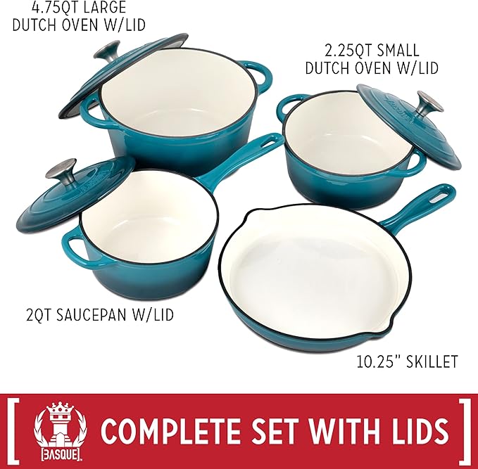 Basque Enameled Cast Iron Cookware Set 7-Piece Set (Biscay Blue) Nonstick Oversized Handles Oven Safe Skillet Saucepan Small Dutch Oven Large Dutch Oven 10.25 2QT 2.25QT 4.75QT