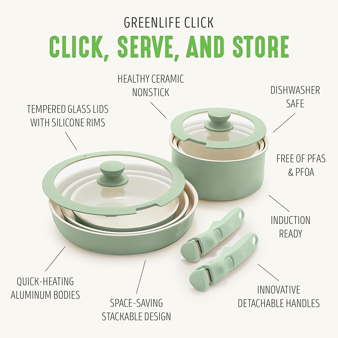GreenLife 10 Piece Nonstick Pots &amp Pans Set Detachable Handle &amp Stackable Cookware Set Non Toxic PFAS-Free Skillets Induction Kitchen Pans Space Saving Serving Bowls Oven Safe Sage Gree