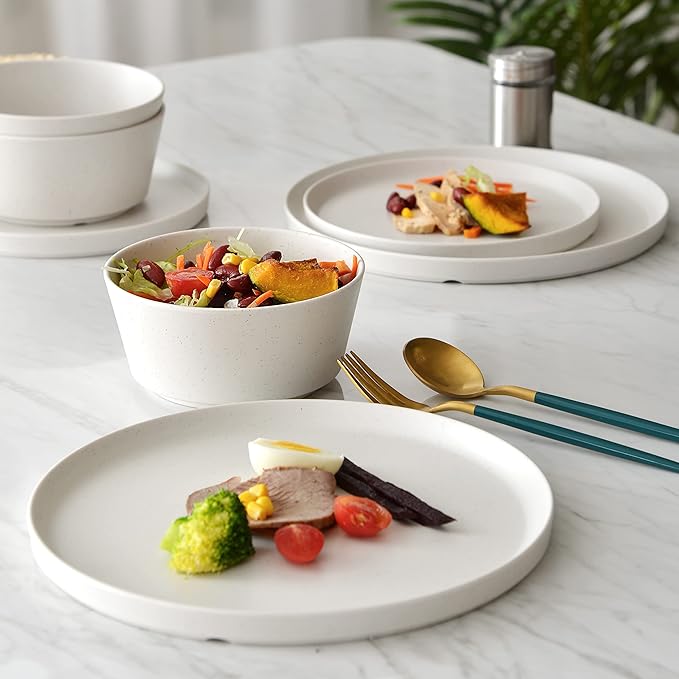 FINE&ampNICE 12PCS Melamine Dinnerware Sets Outdoor Dinnerware Sets for 4Durable Camper DinerwareLightweight Dishwasher Safe and BPA Free(Spotty White)