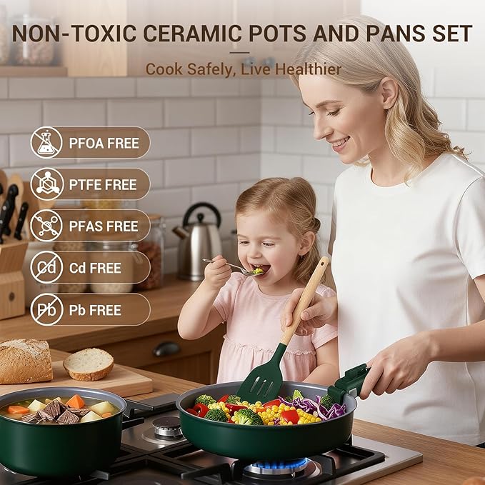 Ammeloo 18-Piece Ceramic Pots and Pans Set Non Stick Non Toxic Cookware Set with Removable Handles Pot Sets for Cooking Induction Ready Dishwasher &amp Oven Safe PFAS PFOA &amp PTFE Free (Hunte