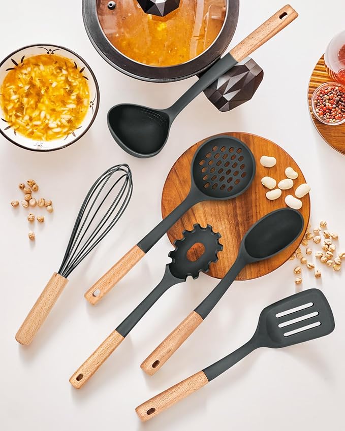 Kitchen Utensils Set 13PCS Silicone Cooking Utensils Heat Resistant Kitchen Utensil Spatula Set for Nonstick Cookware Wooden Handles Kitchen Gadgets Tools Set