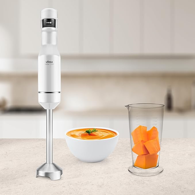 Ufesa Stellar TouchSpeed 1500W Hand Blender Digital Display Variable Touch Speed 4 High Efficiency Blades Ergonomic and Anti-splash Design Measuring Cup Included BPA Free