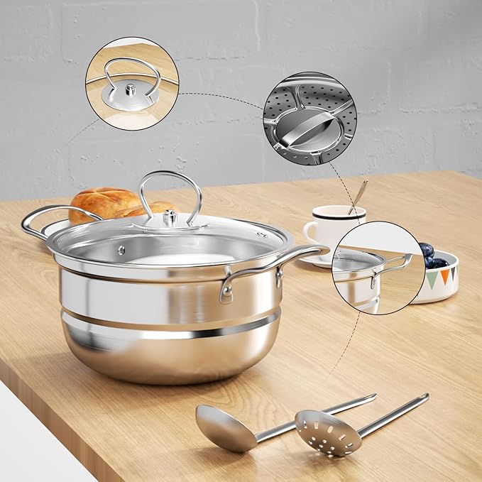 Stainless Steel Cookware Set 12 Piece Pots Set with Steamer and Spoon Kitchen Induction Cookware Set Works with Induction Kitchen Cooking Set with Glassuncoated (Gray silver)