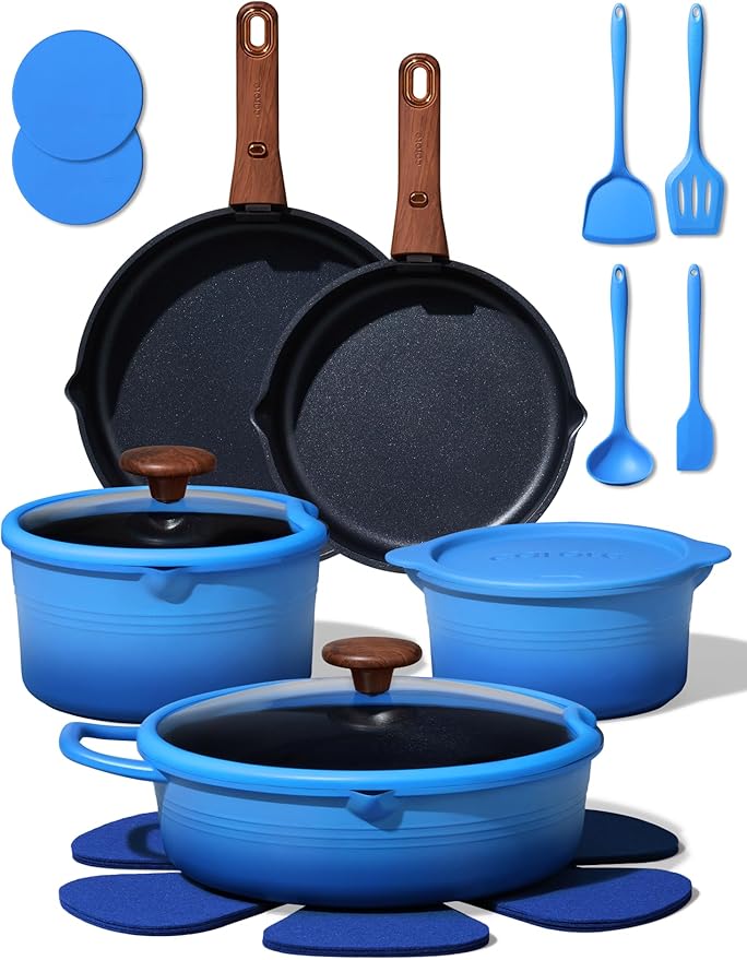CAROTE 20Pcs Titanium Cookware Set Pots and Pans Set Non Stick Kitchen Cooking Set with Detachable Handle Non Toxic Induction Cookware - Camping Cookware Dishwasher/Oven Safe Blue