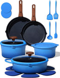 CAROTE 20Pcs Titanium Cookware Set Pots and Pans Set Non Stick Kitchen Cooking Set with Detachable Handle Non Toxic Induction Cookware - Camping Cookware Dishwasher/Oven Safe Blue