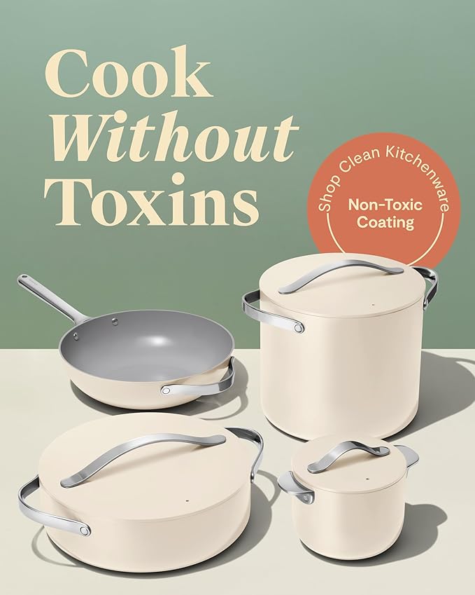 Caraway Cookware+ Collection - Specialty Cookware Set - Petite Cooker Stir Fry Pan Rondeau &amp Stock Pot - 3 Lids &amp Storage Organizer Included - Cream