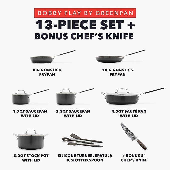 GreenPan x Bobby Flay 13 Piece Cookware Pots and Pans Set and 8 Chef's Knife. PFAS &amp PFOA-Free Ceramic Nonstick Induction Suitable Stay-Cool Silicone Handle Dishwasher &amp Oven Safe Black