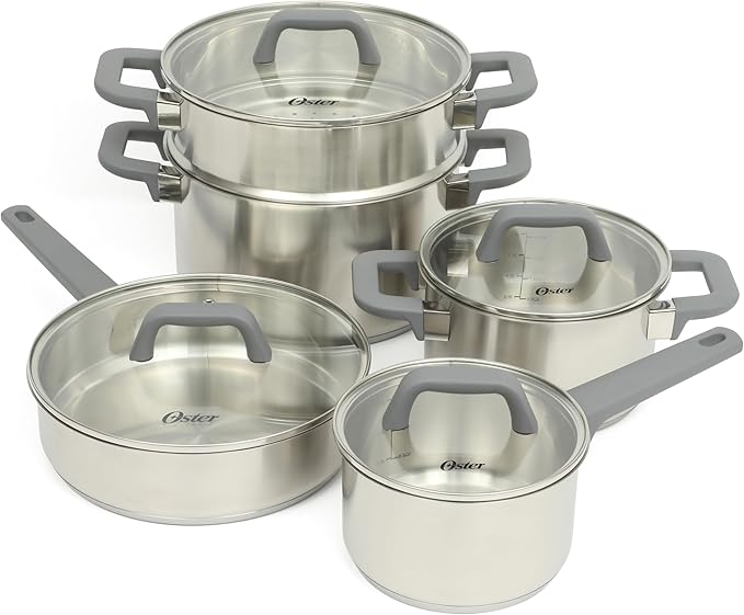 Oster Beauford 9-Piece Stainless Steel 5-Ply Encapsulated Base Cookware Set – Non-Toxic Induction Compatible Pots and Pans with Stay-Cool Handles – Dishwasher Safe