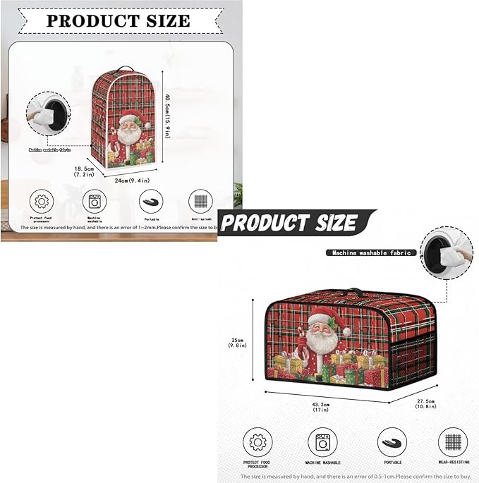 Santa Plaid Pattern Toaster Covers 4 Slice Wide Slot3Pcs Set Christmas Bread Machine Cover Slow Cookers Cover Blender Covers with Top Handle and Accessories Pocket Counter Decor (Red)