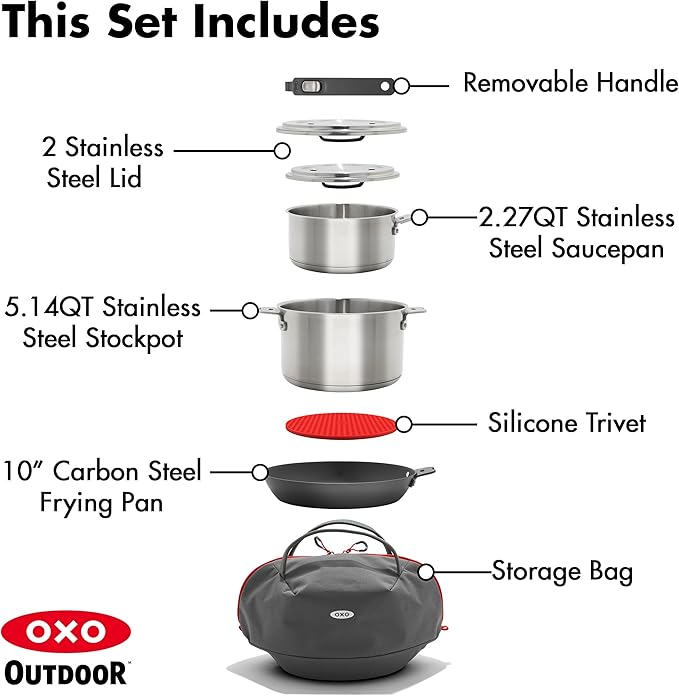 OXO Outdoor 8 Piece Camping Cookware Set 10 Pre-Seasoned Carbon Steel Frying Pan Skillet 2.25QT and 5QT Stainless Steel Saucepans with Lids Removeable Handle Trivet Travel Bag Space-Saving