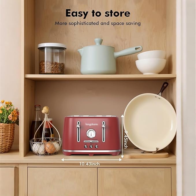 LONGDEEM 4 Slice Retro Stainless Steel Toaster – Extra Wide 1.6” Slots 6 Browning Levels Bagel &amp Defrost Functions Removable Crumb Trays Cool Touch Countertop Toaster for Small Spaces Red