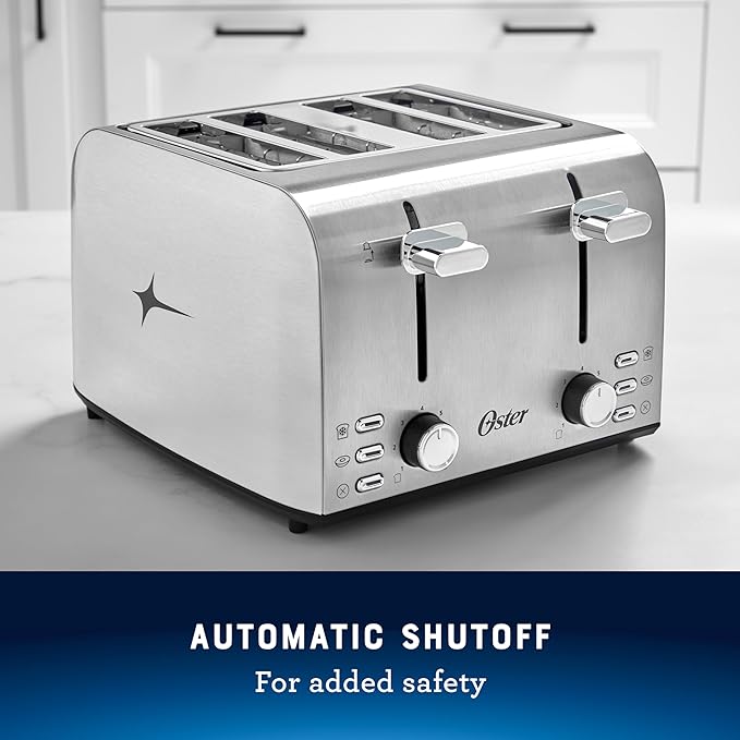 Oster 4 Slice Toaster With 7 Browning Settings Extra Wide Slots For Bagels and Special Breads Removable Easy-to-Clean Crumb Tray Cancel/Defrost/Bagel Stainless Steel