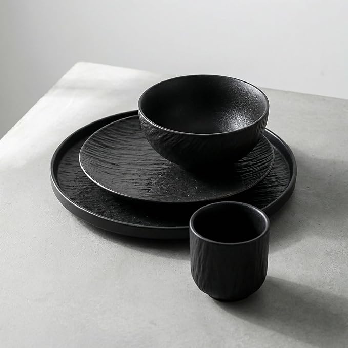 Wabi Sabi Stone Texture Ceramic Dinnerware Set 16-Piece Matte Bowl &amp Plate Set - 10” &amp 8” Plates Bowl Cups - Minimalist Stoneware for Modern Dining (Black/White) (black)