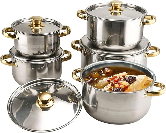 Stainless Steel Cookware Set - 10 Piece Cooking Gadgets Non Stick Kitchen Pots Durable Cookware | Soup Pasta Stew Camping for Soup Pasta Stew Camping