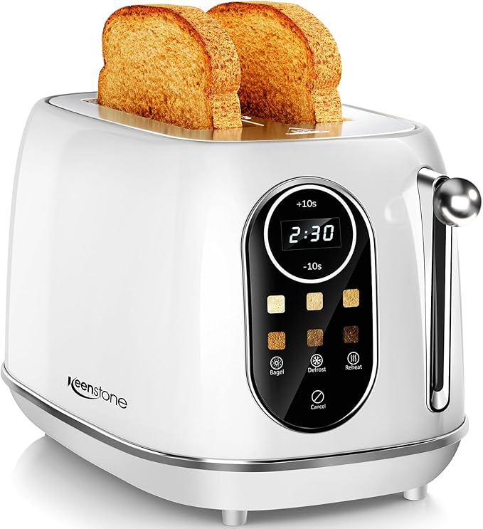 Keenstone Smart Touch Screen Toaster 2 Slice Retro Wide Slot Stainless Steel Toaster with 6 Browning Levels Reheat &amp Defrost for Bagel Toast Bread Removable Crumb Tray White