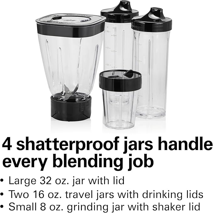 Hamilton Beach MultiBlend Smoothie Blender with 4 Shatterproof BPA Free Jars and Lids Large 32oz Jar 8oz Grinder for Nuts &amp Spices and 2 Portable Travel Cups 650 Watts Black and Stainless (52