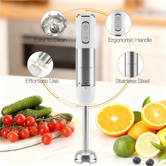 MEGAWISE 5-in-1 Immersion Hand Blender 1100W Powerful Stick Blender with Whisk Chopper Milk Frother &amp Beaker Variable Speed &amp Turbo Stainless Steel Blades for Smoothies &amp Baby Food (W