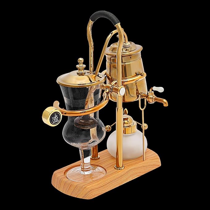 Belgian/Belgium Siphon Coffee Maker Luxury Royal Family Balance Syphon Coffee Maker Vacuum Brewing System Double Ridged Fulcrum with Tee Handle Vintage Classic Retro Luxury Gold