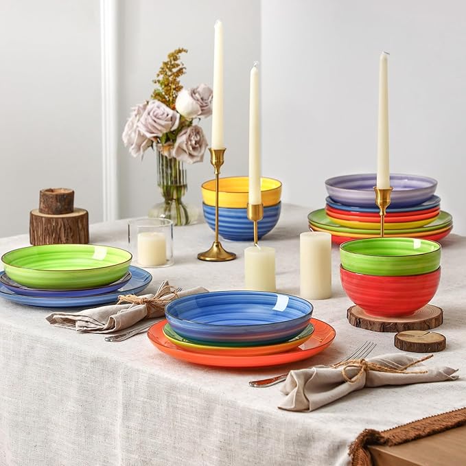 Selamica Ceramic Plates and Bowls Sets24 Pieces Dinnerware Sets for 6Scratch Resistant Dish Set for holiday gatheringDishwasher &amp Microwave Safe Dopamine