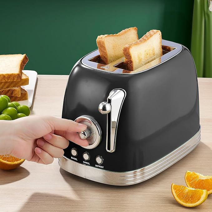 Glossy Black Cute Retro Toaster 2 Slice with 1.58 Wide Slots Bread toaster with Cover and Warm Rack Stainless Steel Toaster with Removable Crumb Tray Preheat Defrost Cancel Function