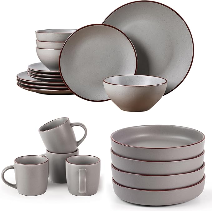 Famiware Venus Dinnerware Sets and Mercury Pasta Bowls Set and Mercury Coffee Mugs Set of 4 20 Pieces Plates and Bowls Sets Microwave and Dishwasher Safe Dark Grey