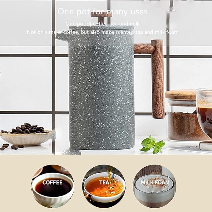 French Press Coffee Maker- Insulated Stainless Steel Manual Coffee Makers For Home Camping w/Travel Canister- Presses 4 Cup Serving- Large Gray
