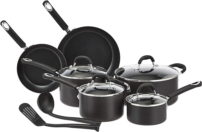 Amazon Basics Hard Anodized Non-Stick 12-Piece Cookware Set Pots Pans and Utensils Black