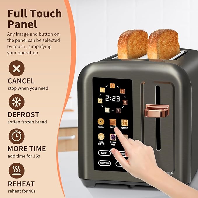 SEEDEEM Toaster 2 Slice Touch Control Stainless Toaster LCD Display 50% Faster Heating Speed 1.4'' Wide Slots More Timer Functions Removable Crumb Tray 1350W Dark Metallic